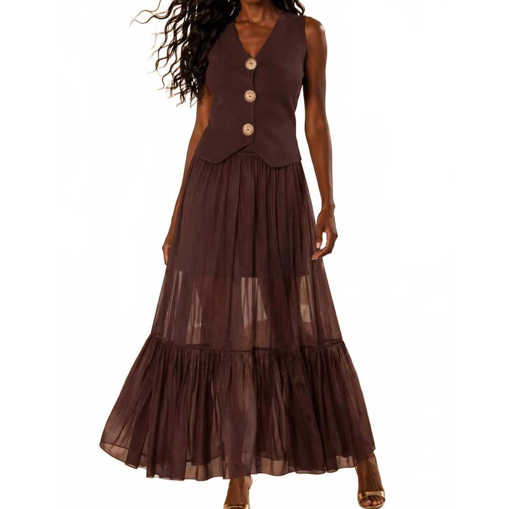 NEW SURELYMINE sheer maxi skirt & knit vest two-piece set in brown